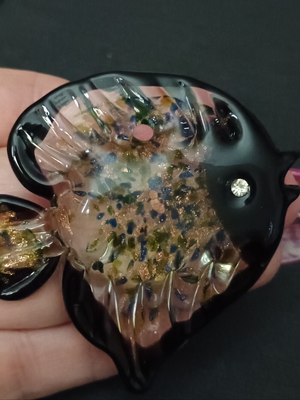 Handblown Glass Fish Pendant  - Black and Multicolor